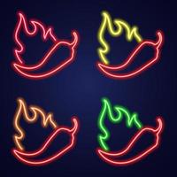 Neon icon set chilli with fire. Signboard with hot burning pepper. Spice Levels vector illustration. Night bright signs