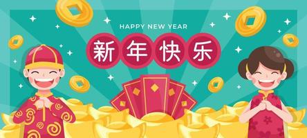 los niños desean feliz año nuevo chino con alegría y están rodeados de lingotes de oro