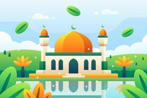 Mosque near lake with Palm tree beside it and Hill vector