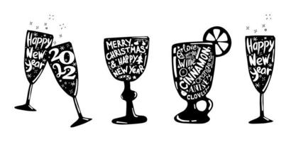 Christmas drinks set with lettering. Mulled wine ingridients handwritten. New year 2022 lettering in champagne glass. vector