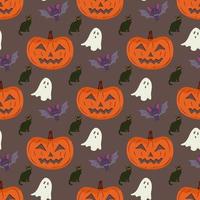 Halloween seamless pattern with pumpkin, cat and vampire bat. vector