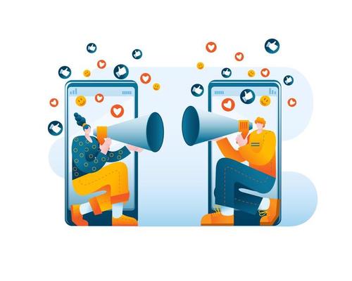 A woman and a man use their phones to yell at each other through a megaphone