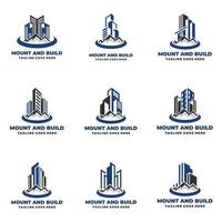 Montañas y edificios diseño de logotipo conjunto de bienes raíces diseño de ilustración de icono de vector