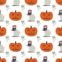 Halloween seamless pattern with pumpkin, owl, tombstone, skull and bone. vector