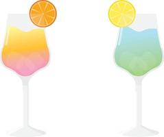 par de cócteles coloridos, colores degradados: uno es amarillo-naranja-rosa y el otro es verde-azul. tienen hielo, una naranja y un limón en las paredes de los vasos. vector