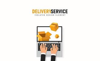 Tracking parcel online service. Laptop, hands and boxes vector isolated design element on white background. Delivery services