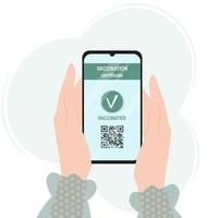 pasaporte certificado de vacunación. una mujer sostiene un teléfono inteligente con una aplicación móvil con un código qr sobre una persona vacunada contra el covid-19. nuevo concepto de viaje normal. vector