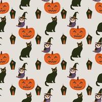 Halloween seamless pattern, with pumpkin, cat, and owl in a witch's hat. vector
