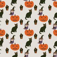 Halloween seamless pattern, with pumpkin, cat, and owl in a witch's hat. vector