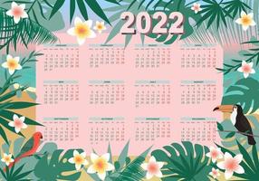 Calendar 2022 year, with tropical leaves and flowers, parrot and toucan. vector