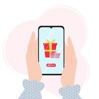 Hands hold a phone with a gift on the screen. Online gift shop. Online shopping concept. vector