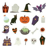 Cute vector set with Halloween illustrations, pumpkin, ghost, cat, bat, potion, bone, grave slab, coffin, owl, eye, witch hat. Isolated on white background flat illustration.