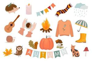 Cozy autumn set. Collection of autumn elements, pumpkin, mushrooms, sweater, scarf, umbrella, ginger cat, hedgehog, rubber boots, bonfire. vector