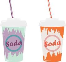 Set of two soda or soft drinks in cups with straws, drawn in 2 color schemes- violet or purple and orange. The cups have a fire design. vector