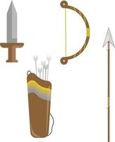 Set of medieval weapons, including a sword, a bow, a quiver with arrows, and a spear. Minimalist style, flat design. Wood brown, iron grey, and gold yellow. vector