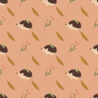 Autumn Seamless pattern with cute hedgehogs and leaves. vector