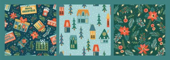 Set of Christmas and Happy New Year seamless patterns with christmas houses, gift boxes, spruce twigs, flowers. vector