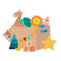 juguetes para niños en una caja. jirafa, león, pelota, pirámide, pato, luz nocturna en forma de estrella. vector