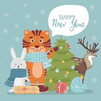 Greeting Christmas cards with animals. Deer, tiger, hare, tree, gifts. Tiger with a Christmas tree. Tiger. animals greet and wish happy new year Vector illustration. cartoon