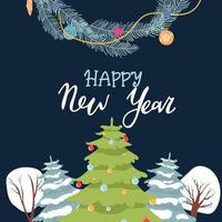 Christmas and New Year background. Xmas pine fir lush tree. Christmas Trees. Bright Winter holiday composition. Greeting card, banner, poster. flat pine branch decorated with balls. hand drawing.