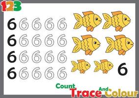 Número de seguimiento y color con peces para niños. vector