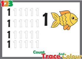 number trace and color  with fish for kids vector