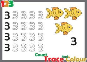 number trace and color  with fish for kids vector