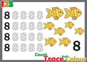 Número de seguimiento y color con peces para niños. vector