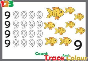 Número de seguimiento y color con peces para niños. vector