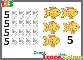 Número de seguimiento y color con peces para niños. vector