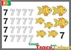 Número de seguimiento y color con peces para niños. vector