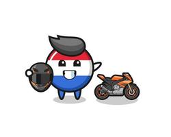 Linda caricatura de la bandera de los Países Bajos como piloto de motos vector