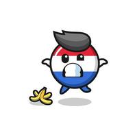 dibujos animados de la bandera de los países bajos se desliza sobre una cáscara de plátano vector
