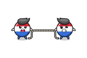 cute netherlands flag character is playing tug of war game vector