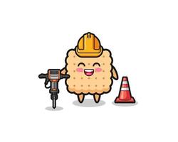 road worker mascot of cracker holding drill machine vector