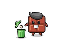 illustration of the chocolate bar throwing garbage in the trash can vector