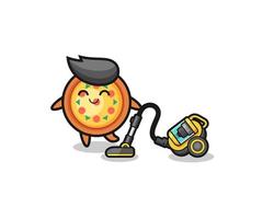 cute pizza holding vacuum cleaner illustration vector