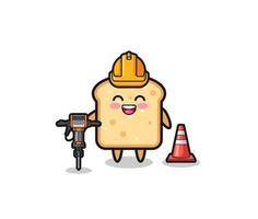 road worker mascot of bread holding drill machine vector