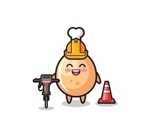 Mascota del trabajador de la carretera de pollo frito sosteniendo la máquina perforadora vector