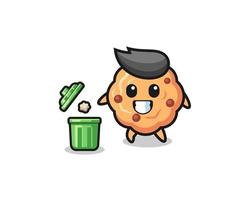 illustration of the chocolate chip cookie throwing garbage in the trash can vector