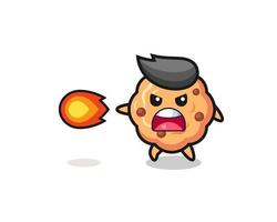 cute chocolate chip cookie mascot is shooting fire power vector