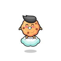 cute chocolate chip cookie illustration riding a floating cloud vector