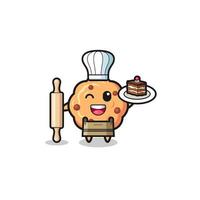 chocolate chip cookie as pastry chef mascot hold rolling pin vector