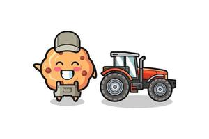 La mascota del granjero de galletas con chispas de chocolate de pie junto a un tractor vector