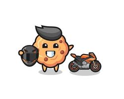 cute chocolate chip cookie cartoon as a motorcycle racer vector