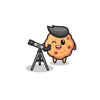 chocolate chip cookie astronomer mascot with a modern telescope vector