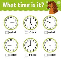 Learning time on the clock. Educational activity worksheet for kids and toddlers. Game for children. Simple flat isolated color vector illustration in cute coon style.