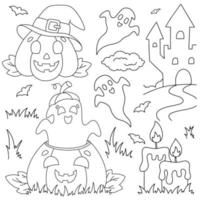 A set of laughing pumpkins and ghosts. Coloring book page for kids. Cartoon style character. Vector illustration isolated on white background. Halloween theme.