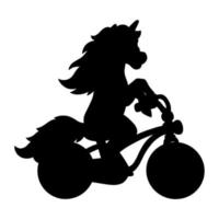 Cheerful unicorn rides a bicycle. Black silhouette. Design element. Vector illustration isolated on white background. Template for books, stickers, posters, cards, clothes.