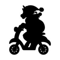 The unicorn rides a moped and carries gifts. Black silhouette. Design element. Vector illustration isolated on white background. Template for books, stickers, posters, cards, clothes.